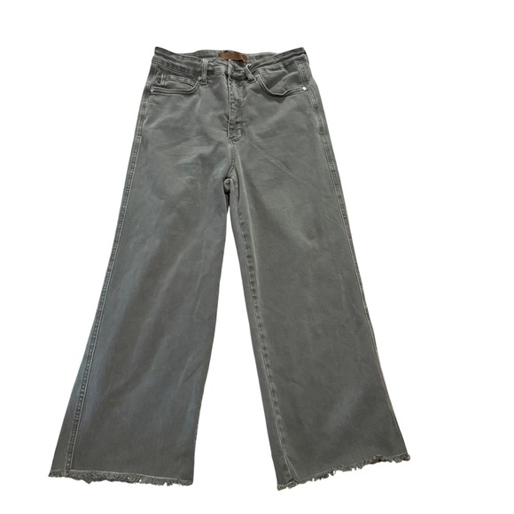Judy Blue Womens Jeans Size 11/30 Olive Green Wide Leg Cropped High Rise Raw Hem - Picture 1 of 6